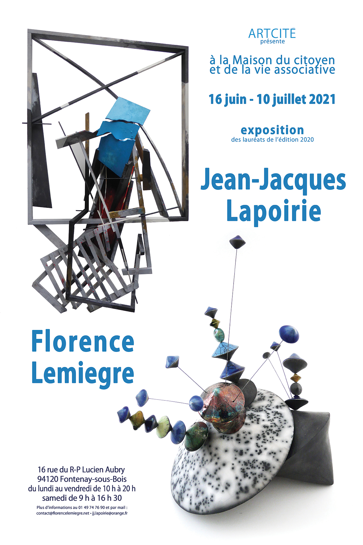 Affiche EXPOSITION JEAN-JACQUES LAPOIRIE & FLORENCE LEMIEGRE - LAURÉATE SCULPTURE ARCITÉ 2020 - MAISON DU CITOYEN FONTENAY-SOUS-BOIS- 15 AU 10 JUILLET 2021