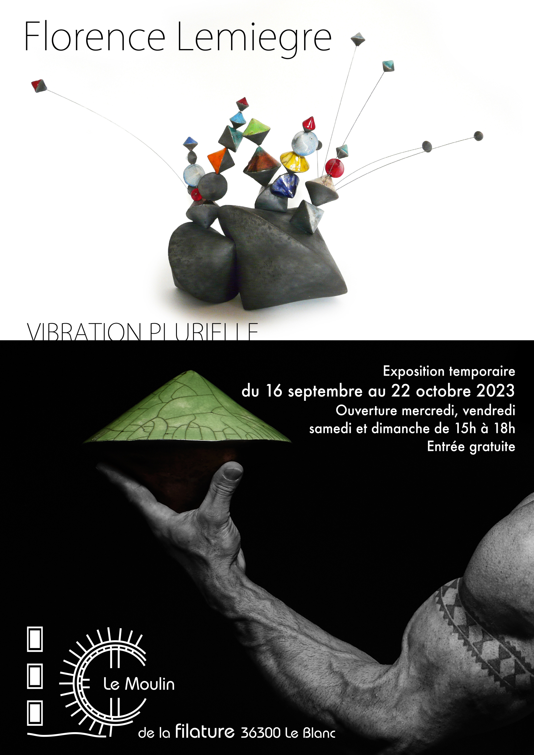 Affiche de l'exposition personnelle Vibration plurielle - Moulin de la filature du Blanc Du 16 septembre au 22 octobre 2023 - Mairie du Blanc - Indre - Exposition personnelle - Créations sculptures céramique de l'artiste Florence Lemiegre - Art contemporain - Sculptures céramique contemporaines - Artiste femme - Solo show